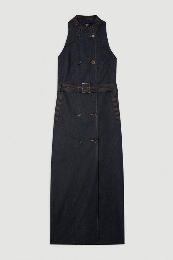 Tailored Denim Double Breasted Belted Midi Dress | Karen Millen US