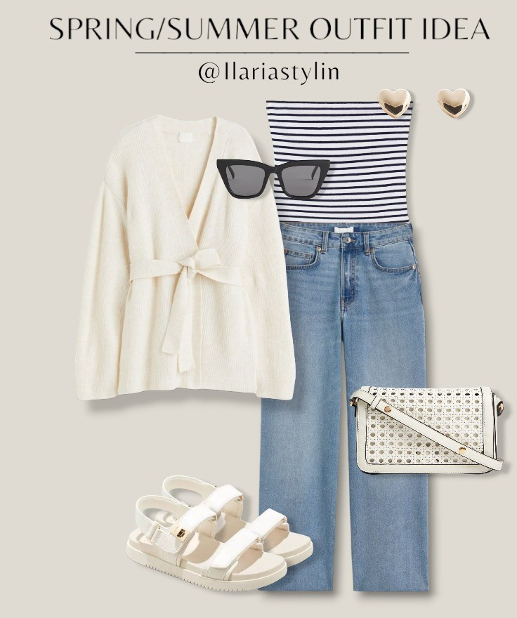 SPRING/SUMMER OUTFIT IDEA 🤍fashion inspo, spring outfit, spring fashion, spring style, summer fashion, summer outfit, summer style, outfit idea, outfit inspo, casual chic, casual chic outfit, chic outfit, chic ootd, white cardigan, tie belt cardigan, bandeau top, striped top,  blouse, blue jeans, wide leg jeans, white sandals, dad sandals, white bag, woven bag, shoulder bag, crossbody bag, h&m, m&s, mango, style inspo, women fashion

#LTKSeasonal #LTKStyleTip #LTKWorkwear
