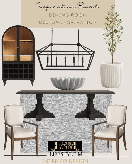 Dining room design inspiration. Shop the pieces to recreate the look at home! Black dining table, lantern chandelier light, dining chairs, decorative bowls, china bar cabinet, white planter, faux olive tree, dining rug. 

#LTKstyletip #LTKSeasonal #LTKhome