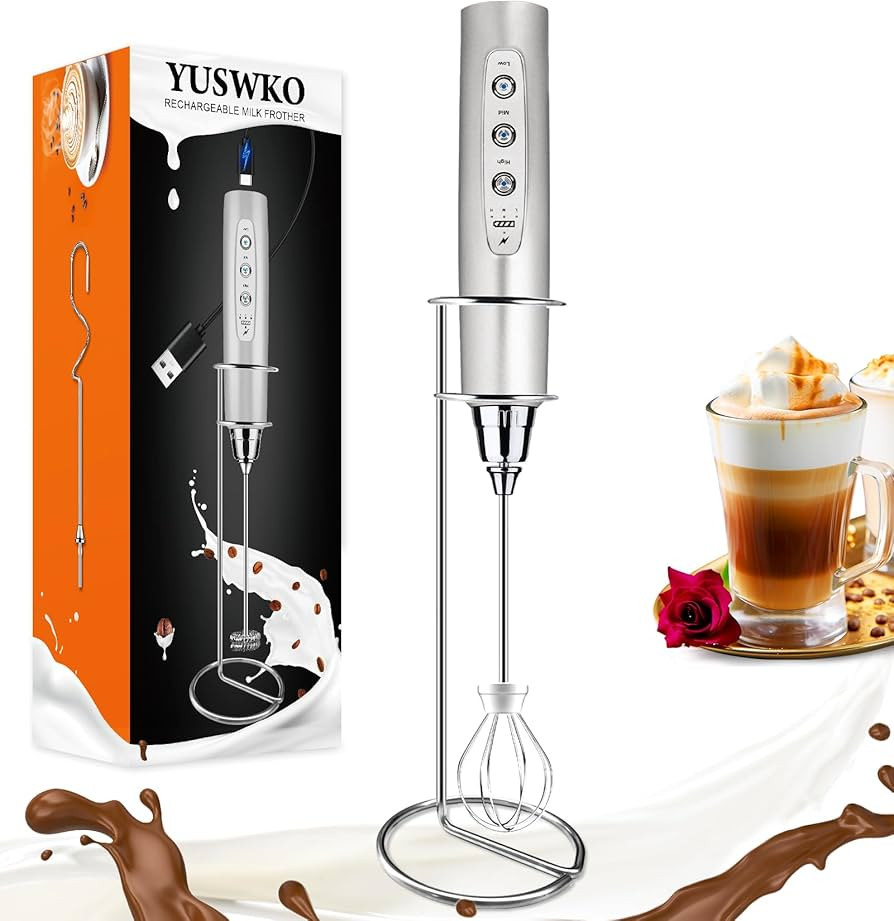 YUSWKO Silver Rechargeable Milk Frother for Coffee with Stand, Handheld Drink Mixer with 3 Heads ... | Amazon (US)