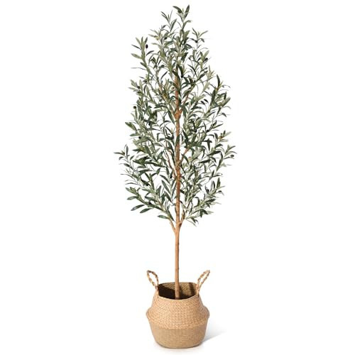 Faux Olive Tree 6FT – Tall Artificial Plants Indoor with Real Wood Trunk & Seagrass Basket, Lifelike Silk Leaves & Fruits – Potted Large Fake Trees for Home, Living Room, Bedroom & Office Decor | Amazon (US)