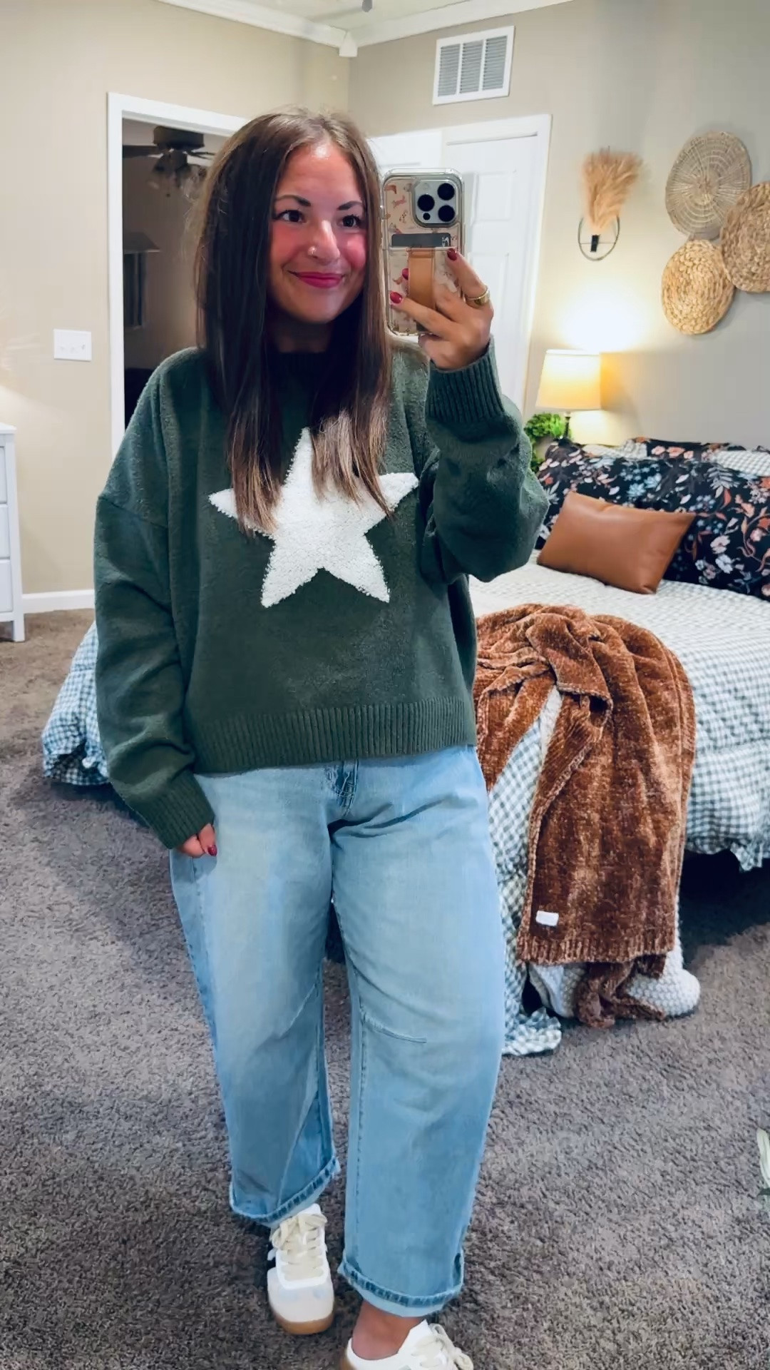 This Walmart star sweater is such a fun fall find! ⭐️ I paired it with wide-leg jeans and sneakers for a comfy, casual look I’ll be wearing on repeat. 💚

sneakers: fit true to size // wearing a 4
jeans: fit oversized // wearing a large
sweater: fits true to size // wearing a large (cropped fit) 

 #LTKootd #LTKMidsize #LTKWorkwear