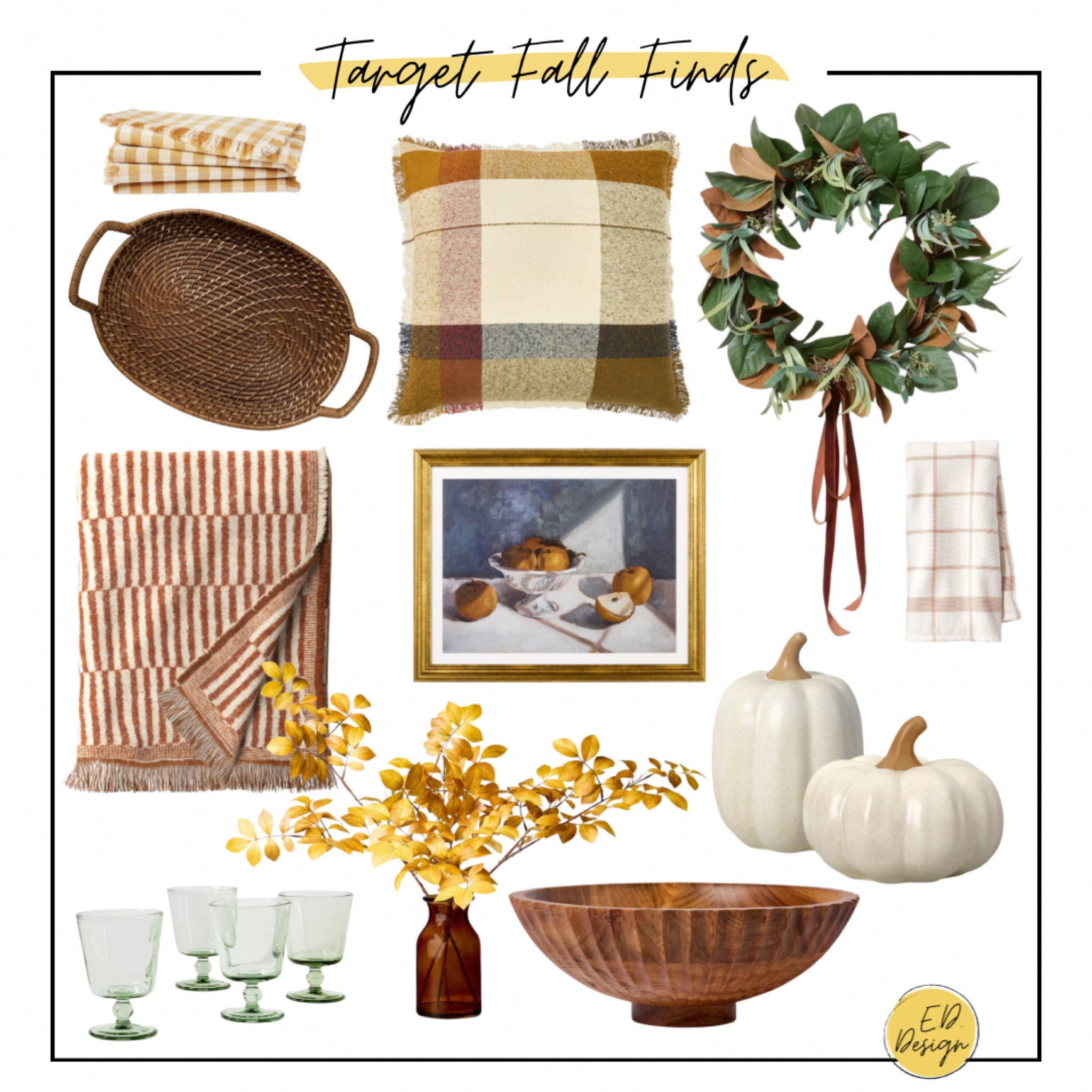 Target fall haul - ceramic pumpkin, plaid pillow, green goblets, oil painting, dish towel, wood bowl, faux fall branches, wicker tray, napkins, throw blanket, magnolia wreath, McGee 

#LTKHome #LTKSeasonal