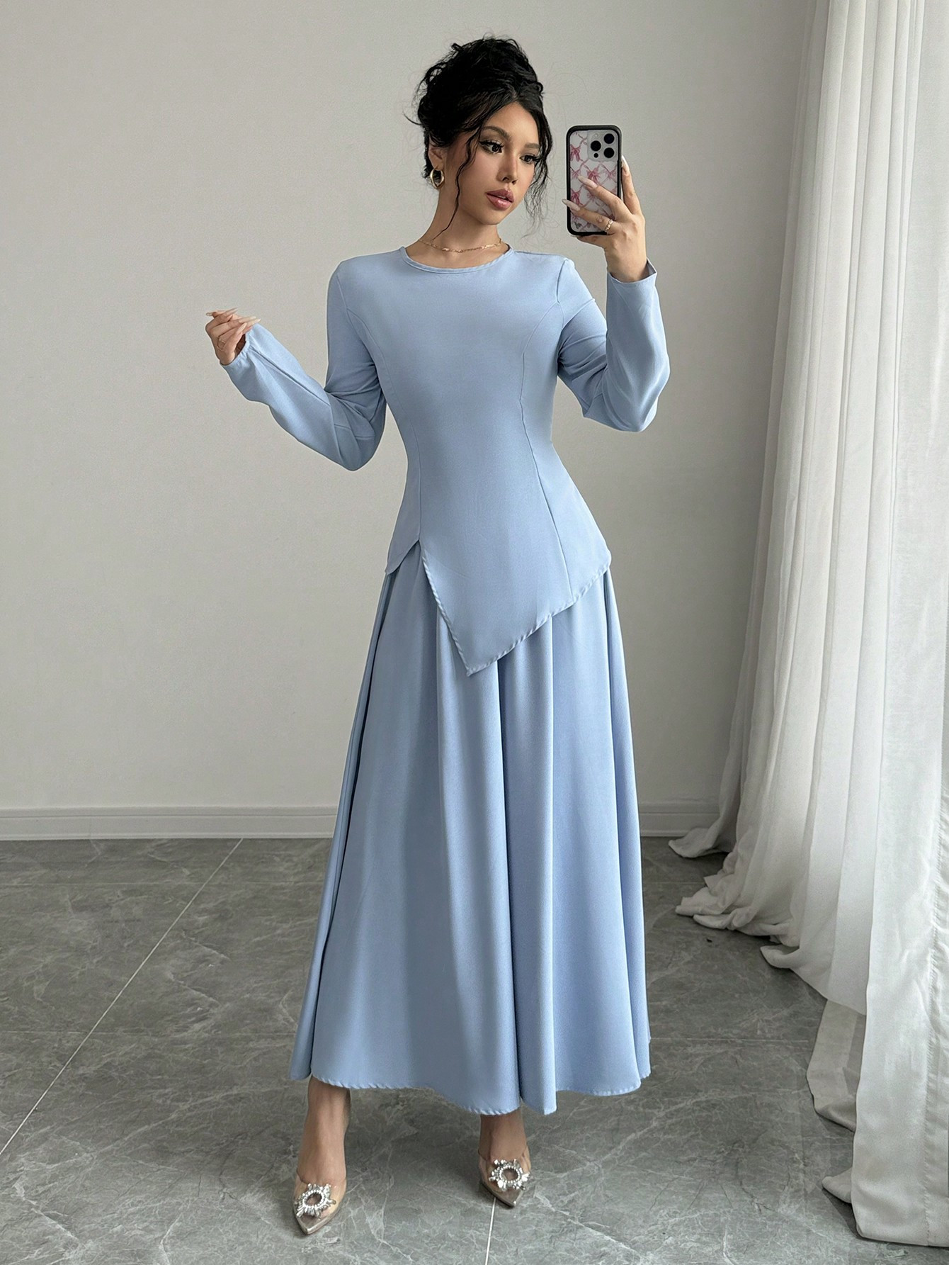 SHEIN Elenzya 2pcs Women Elegant Dress Set: Long Sleeve Round Neck Cinched Waist Asymmetrical Hem... | SHEIN