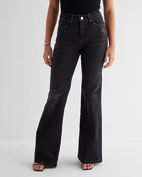 Mid Rise Washed Black Ripped '70s Flare Jeans | Express