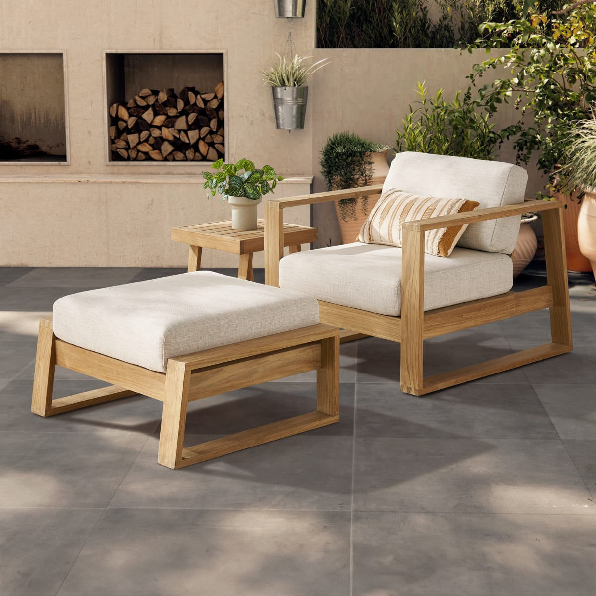 Castlery Teak Outdoor Lounge Chair & ottoman Set - Beige | Castlery US
