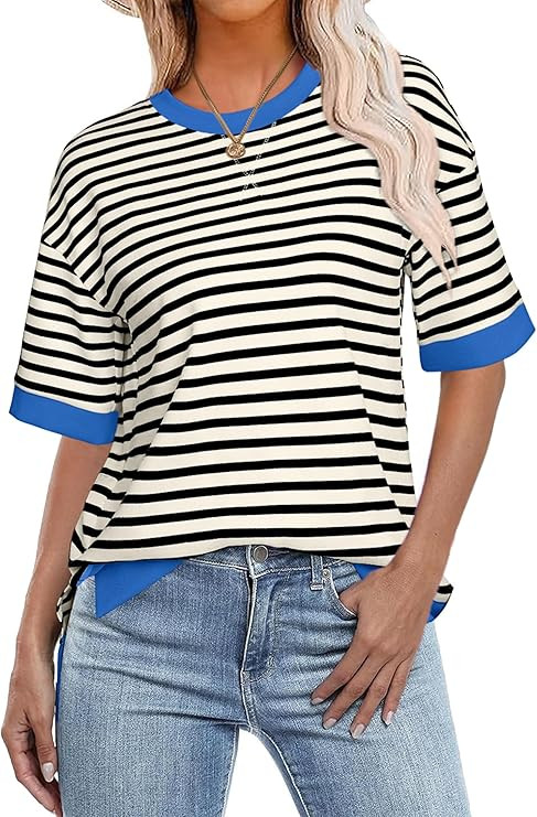 Glamaker Short Sleeve Lightweight Sweatshirt for Women Crewneck Striped Shirt Pullover Tops Loose... | Amazon (US)