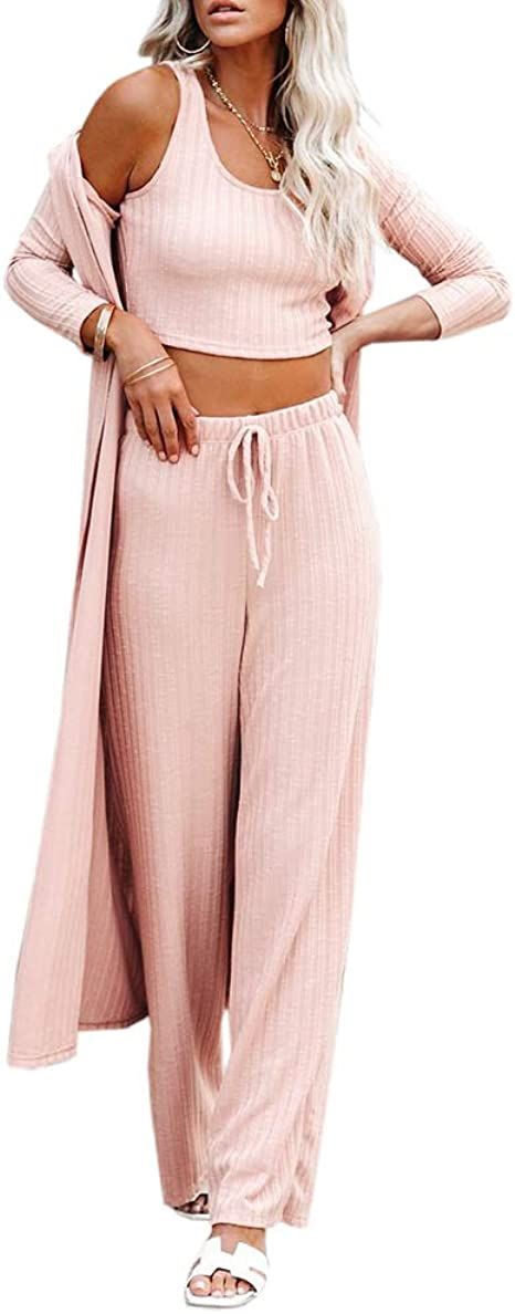 Womens Pajamas Set Fall Winter 3 Piece Loungewear Set Crop Vest Top Loose Pants and Cardigan Knit... | Amazon (US)