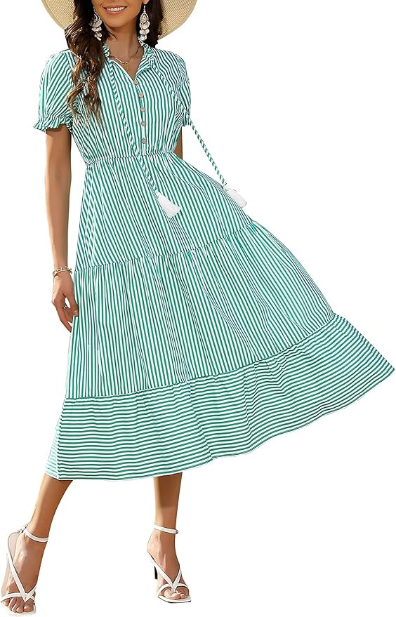 MISSKY Button Down Midi Dress for Women V Neck Tiered Stripped Dress Puff Short Sleeve A Line Ruf... | Amazon (US)