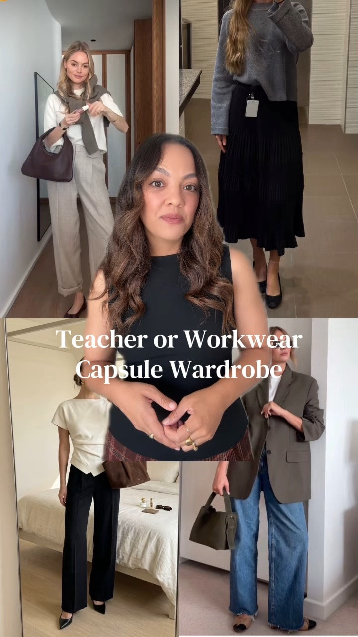 A teacher or workwear capsule wardrobe using the 54321 method!

I’m wearing:
-Aritzia mid length pleated skirt in burgundy plaid, I have a size medium.
-Aritzia black top, I have a size 10 (enigma top). 

Five layering pieces:
-Aritzia plaid, bomber jacket, I have a size medium.
-Aritzia black oversized blazer, I have a size 10.
-Quince brown leather jacket, I have a size medium.
-Aritzia brown cinched-waist laser, I have a size 10.
-Sézane chartreuse jacket, I have a size 10. 

Four pants:
-Aritzia black high-rise tailored trousers, I have a size 10.
-Aritzia taupe barrel trousers, I have a size 10.
-Citizens of Humanity medium wash, baggy jeans, I have a size 29.
-Aritzia brown tie-front pull-on pants, I have a size medium.

Three tops:
-Aritzia burgundy short sleeve cashmere cardigan sweater, I have a size large.
-Aritzia black silky blouse, I have a size medium.
-Reformation copper cardigan, I have a size large.

Two skirts:
-Aritzia black midi-length pleated skirt, I have a size medium.
-Aritzia plaid knee-length skirt, I have a size medium.

One dress:
-Aritzia beige sweater dress, similar options linked.

#LTKworkwear #LTKstyletip #LTKfall