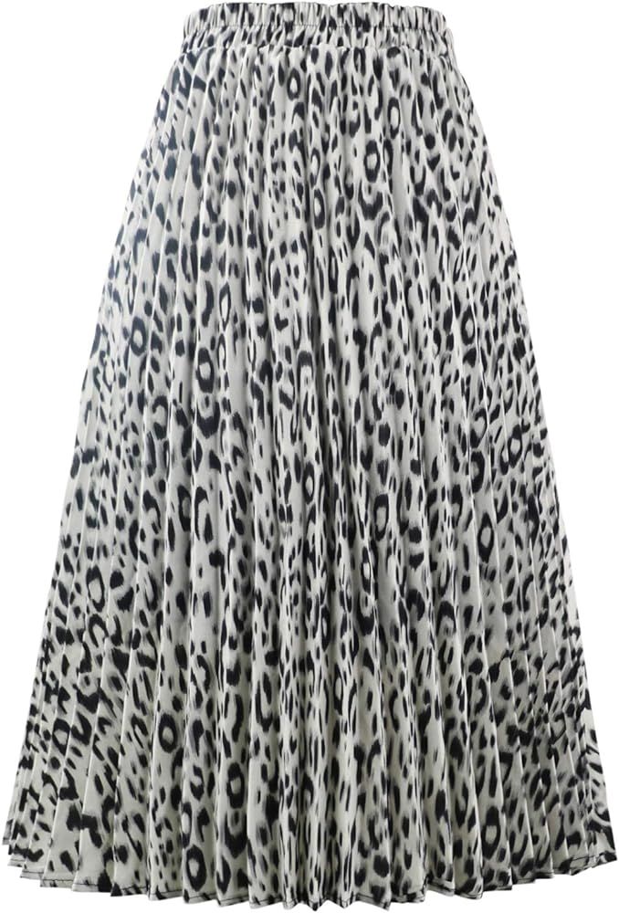 CHARTOU Womens Chic Elastic High Waisted A Line Leopard Print Pleated Shirring Midi-Long Skirt | Amazon (US)