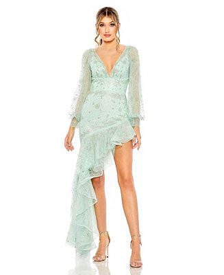 Mac Duggal Women's V Neck Empire Sleeve High Low Dress - Macy's | Macy's