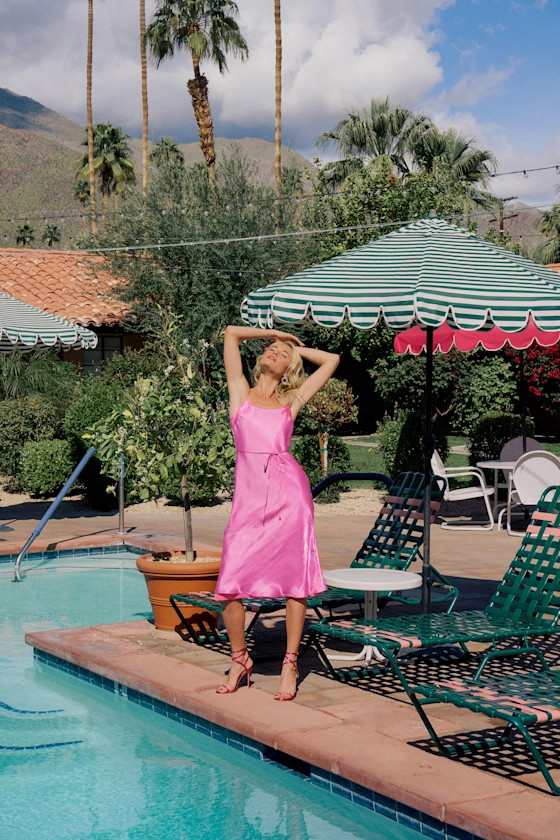 Exceptionally Chic Pink Bias Cut Lurex Slip Midi Dress | Lulus (US)