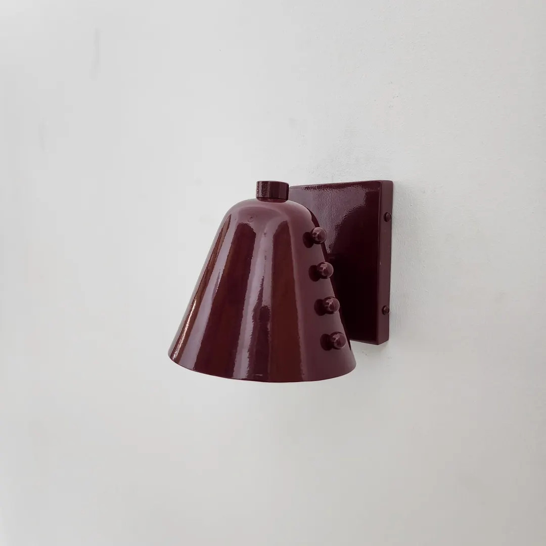 Mid-century Brass Wall Sconce, Bold Cone Design Burgundy Shade With Rivet Accents - Etsy | Etsy (US)