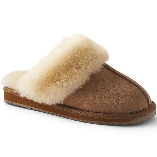 Women's Suede Leather Fuzzy Shearling Fur Scuff Slippers | Lands' End (US)