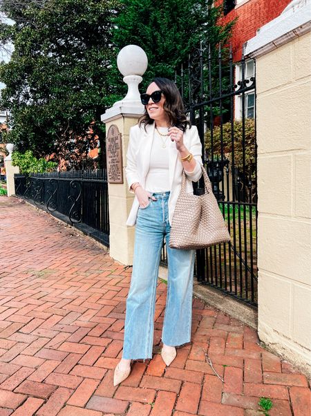 White blazer, wide leg jeans, neutral heels 

#LTKSeasonal #LTKover40