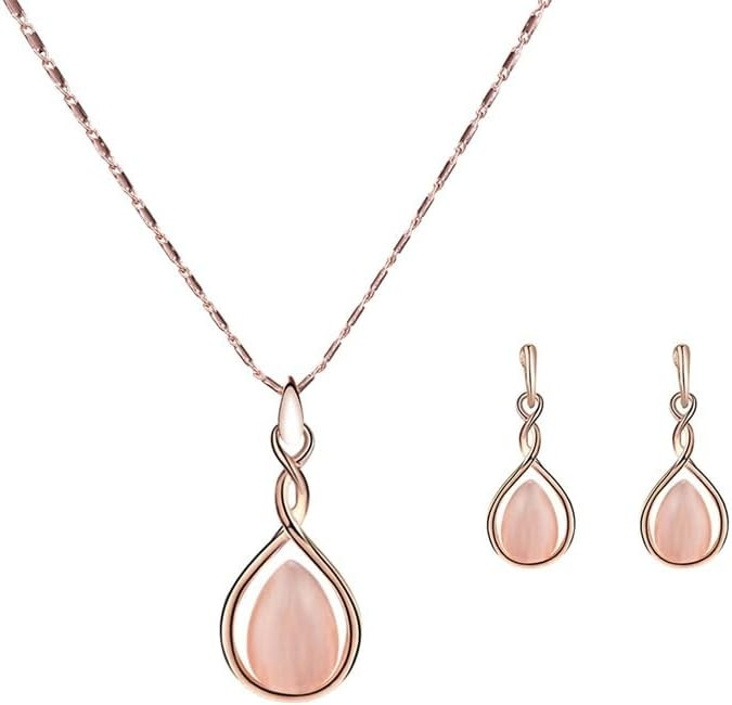 Rose Gold Jewelry Sets for Women Pink Teardrop Pendant Necklace and Earring Set Embellished with ... | Amazon (US)
