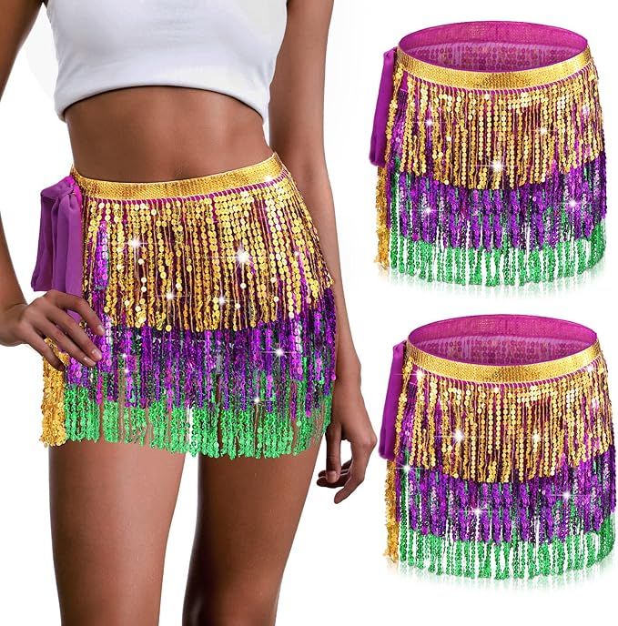Unittype 2 Pcs Mardi Gras Sequin Tassel Skirt Mardi Gras Outfits Women's Boho Belly Dancing Skirt... | Amazon (US)