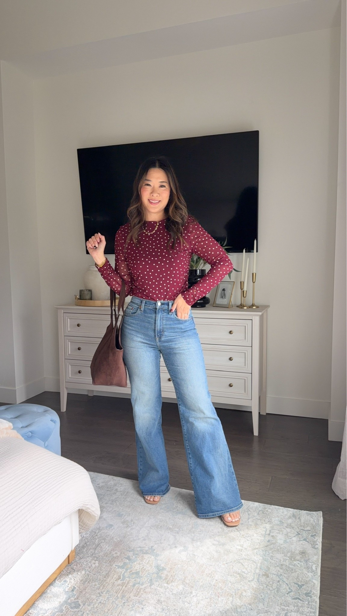 Target New Arrivals // Boujee on a budget // look for less Polka dot top: Medium (swapping for Small) High rise flare jeans: 6 Faux leather jacket: Small Pink top: Small Brown barrel denim: 6 Workout set: Medium Black Jacket: Medium Cream Blouse: Medium Red Denim: 6