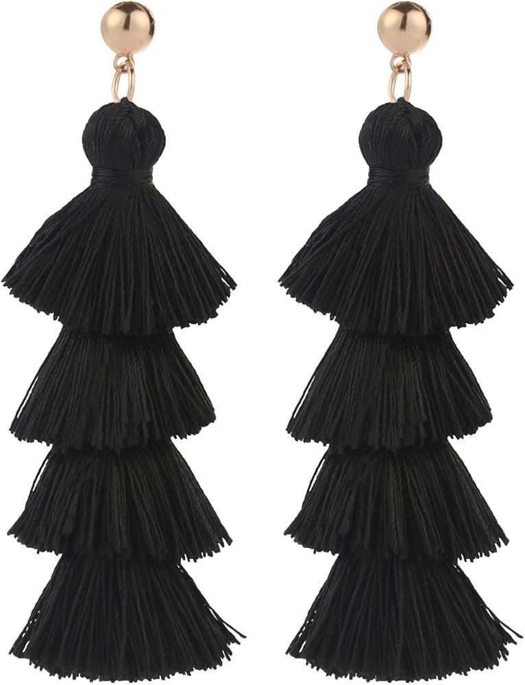 Tassel Earrings Handmade Tiered Thread Tassel Dangle Earrings, Multi Colors | Amazon (US)