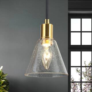 Modern Kitchen Island Pendant Light 1-Light Black and Electroplated Brass Hanging Pendant Light with Seeded Glass Shade | The Home Depot