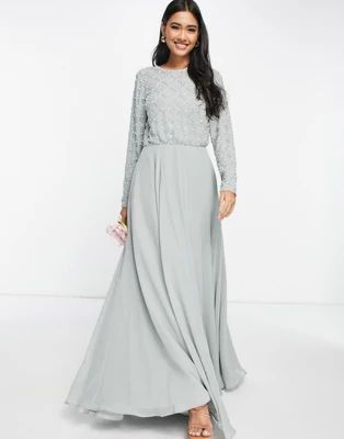 ASOS DESIGN Bridesmaid maxi dress with long sleeve in embellishment in olive | ASOS (Global)