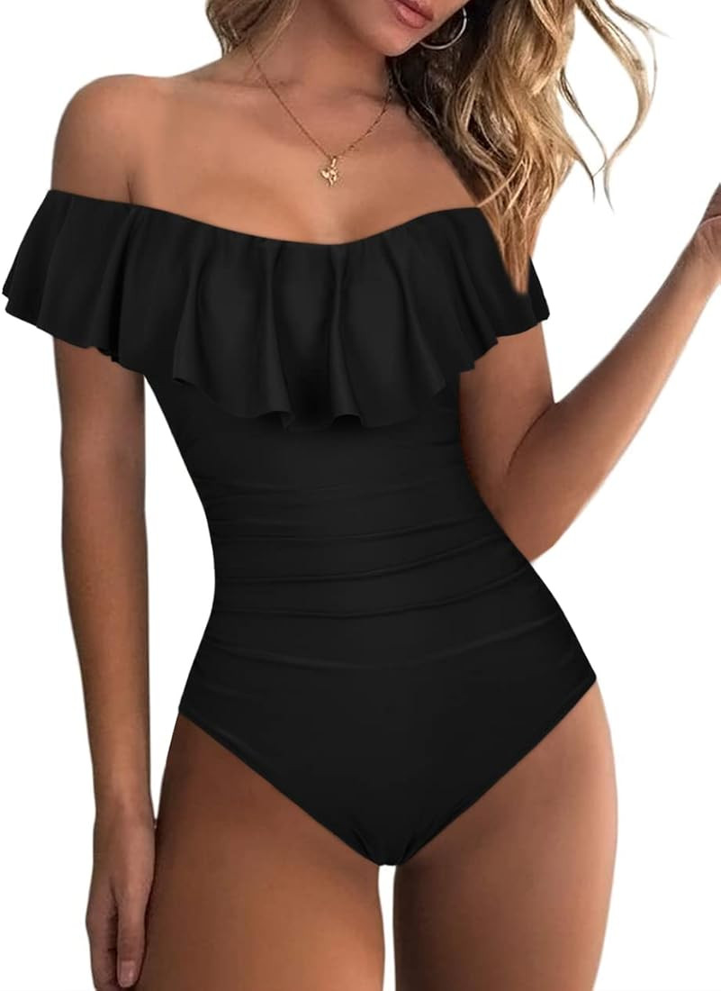 Hilor Women's Off Shoulder One Piece Swimsuits Retro Tummy Control Swimwear Flounce Ruffled Bathi... | Amazon (US)