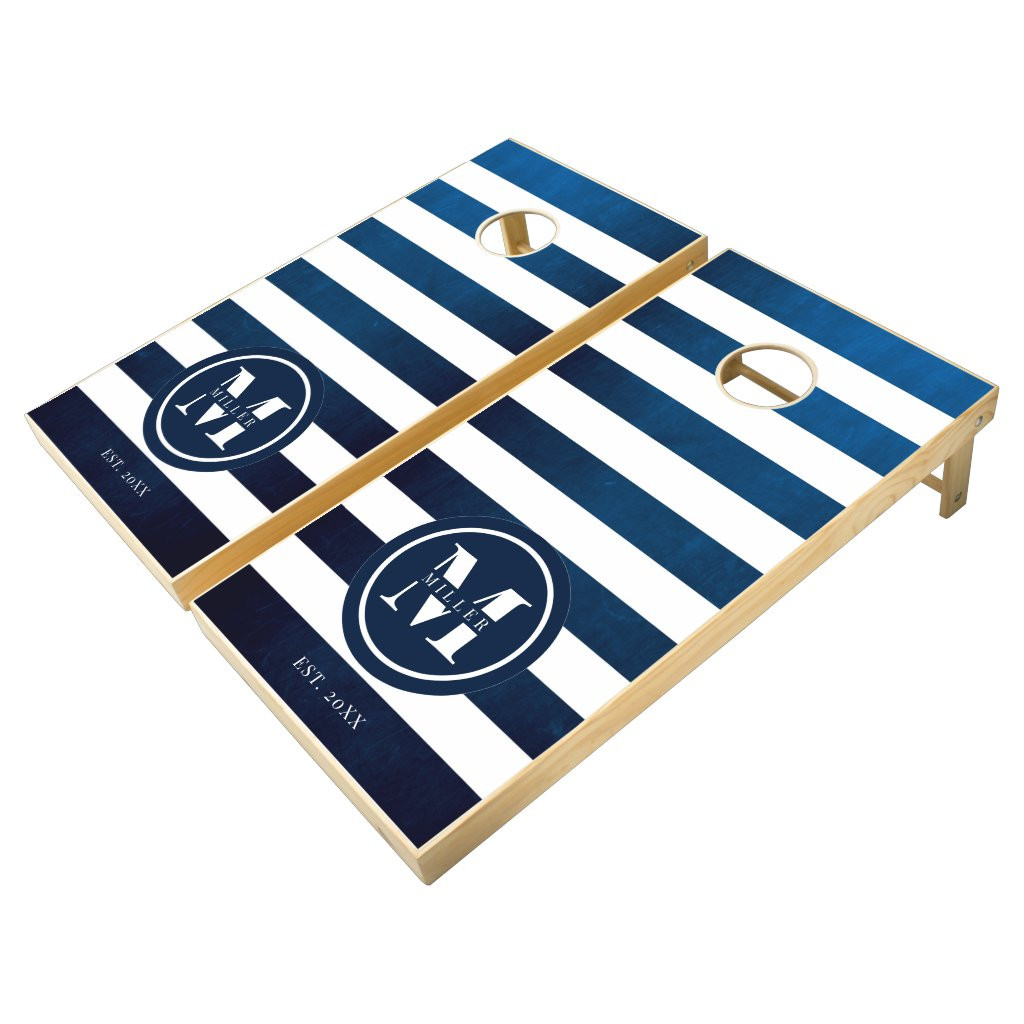 Customizable Navy Striped Monogram Cornhole Set | Zazzle