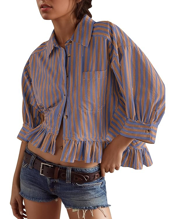 Women Peplum Button Down Shirts 3/4 Length Sleeve Business Casual Tops Crop Striped Oversized Shi... | Amazon (US)