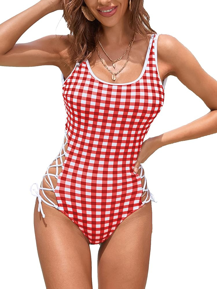 Modihito Women's One Piece Swimsuit Gingham Backless Bathing Suit | Amazon (US)