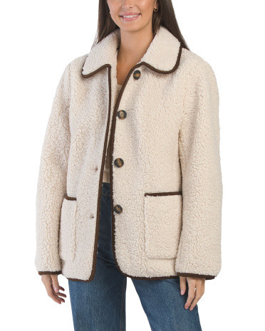 Corduroy Trim Faux Sherpa Jacket | TJ Maxx
