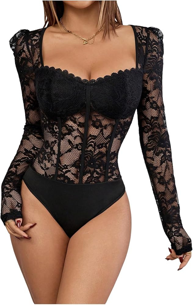 OYOANGLE Women's Floral Lace Long Sleeve V Neck Corset Mesh Leotard Bodysuit Sweetheart Neck Goin... | Amazon (US)