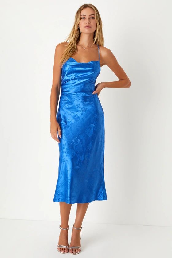 Sunset Dance Cobalt Blue Satin Jacquard Lace-Up Midi Dress | Lulus (US)