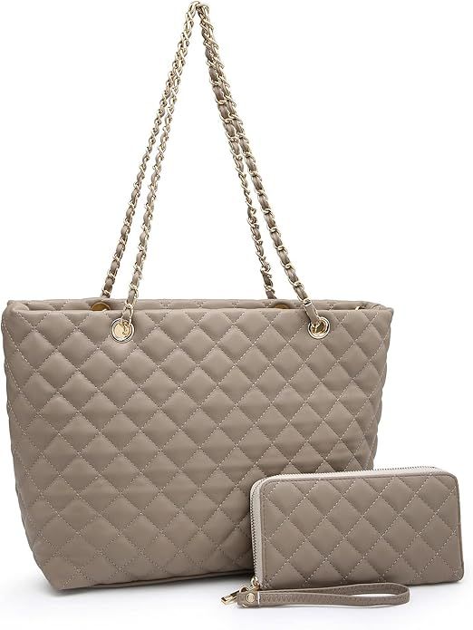 Amazon.com: XB Tote Purse and Handbags Set for Women Leather Quilted Shoulder Bag Wristlet Wallet... | Amazon (US)