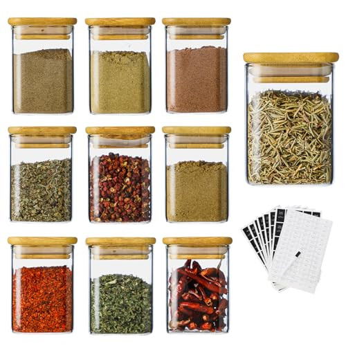 Homtop 10Pcs 7oz Spice Jars Glass Container with 275 Labels, Airtight Seasoning Empty Organizer with Bamboo Lid Set for Pepper, Salt, Sugar | Amazon (US)