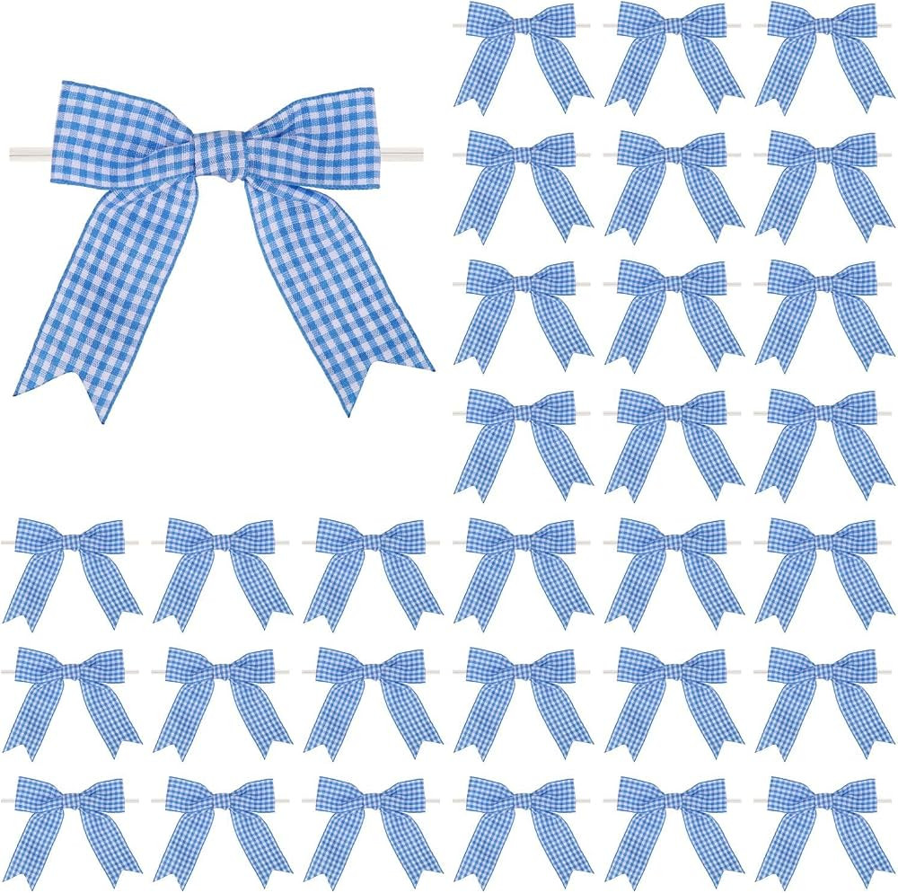 Meseey 30 Pcs 3.5 Inches Gingham Ribbon Bows with Twist Tie Blue and White Buffalo Check Premade ... | Amazon (US)