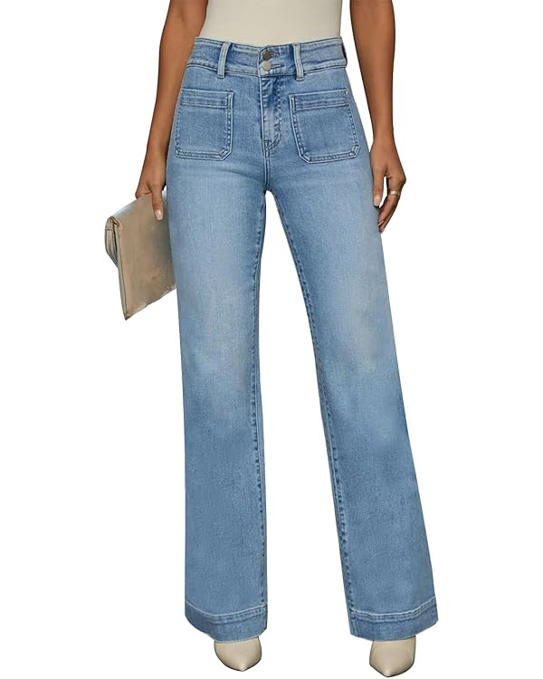 KUNMI Jeans for Women Wide Leg Baggy High Waist Boyfriends Straight Leg Stretchy Denim Pants Tren... | Amazon (US)