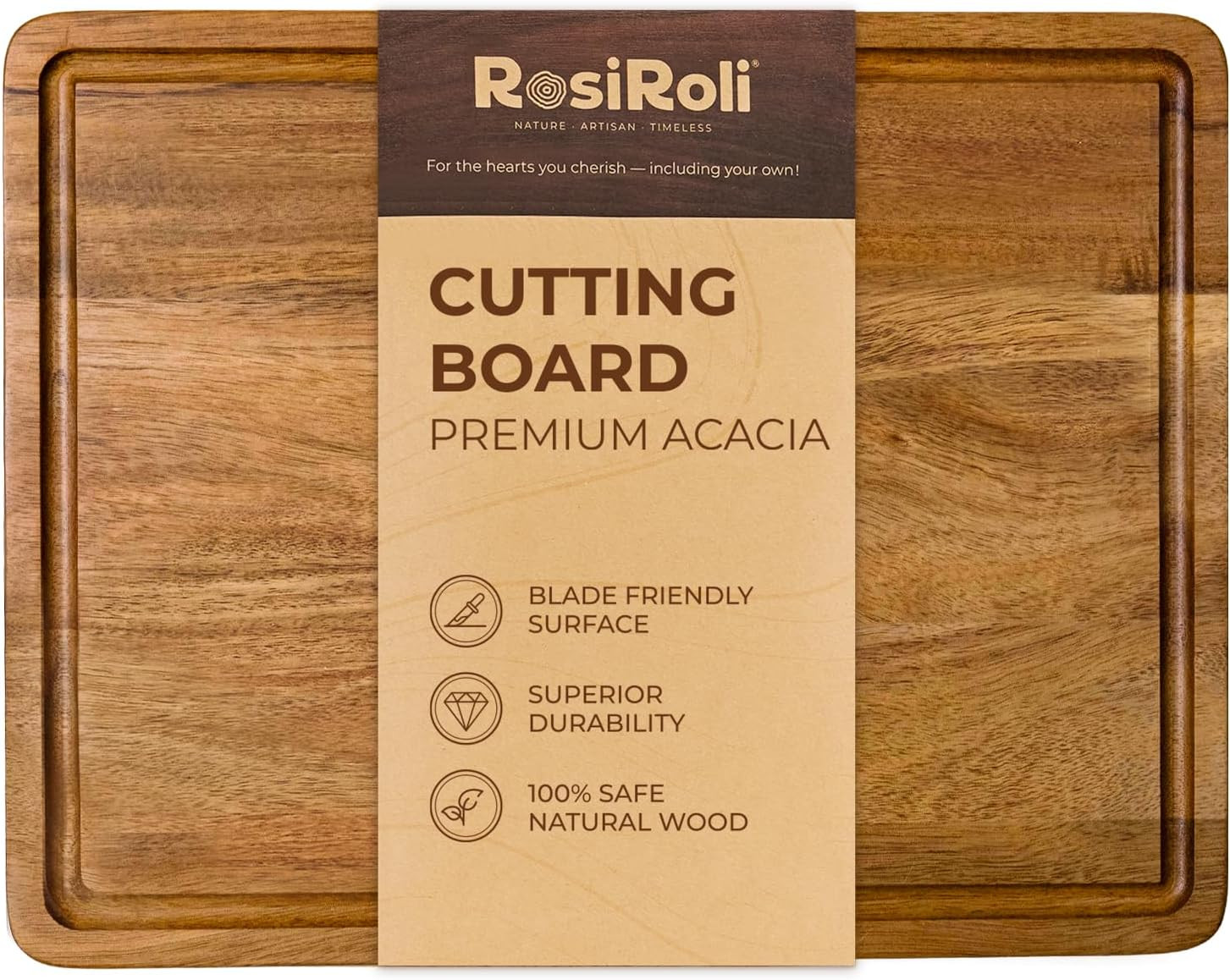 Acacia Wood Cutting Board for Kitchen - 0.8 inch Thick Wood Charcuterie Cheese Board with Side Ha... | Amazon (US)