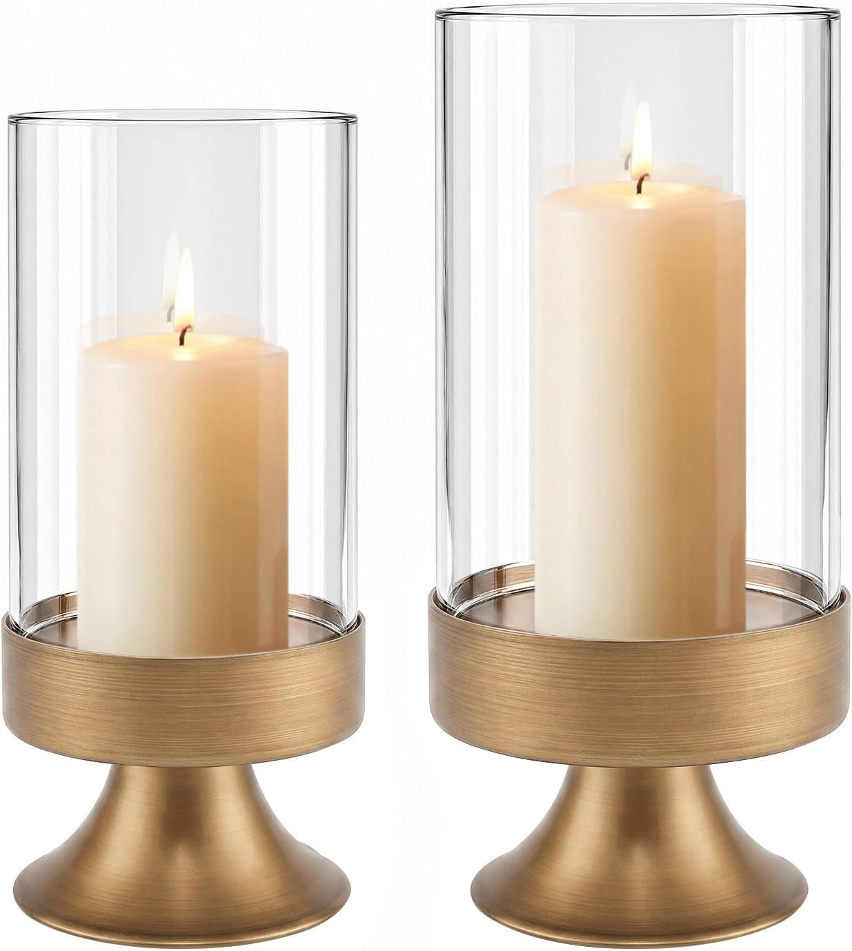 Gold Hurricane Candle Holder with Glass Cylinder Decorative Metal Pedestal Candlestick Holders for Pillar Candles Elegant Centerpiece for Dining Table Wedding Fireplace Mantel Living Room Home Decor | Amazon (US)
