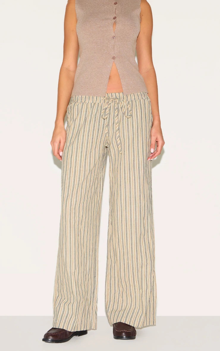 Stone Pinstripe Cotton Low Rise Wide Leg Pants | PrettyLittleThing US