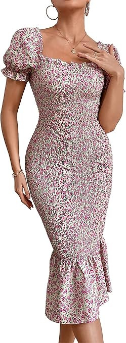 PRETTYGARDEN Women's Summer Floral Midi Bodycon Dresses Short Puff Sleeve Square Neck Ruffle Hem ... | Amazon (US)