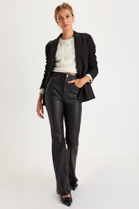 Go-Getter Black Coated Vegan Leather High Rise Flare Pants Black Pants Outfit Flare Jeans Outfit | Lulus (US)