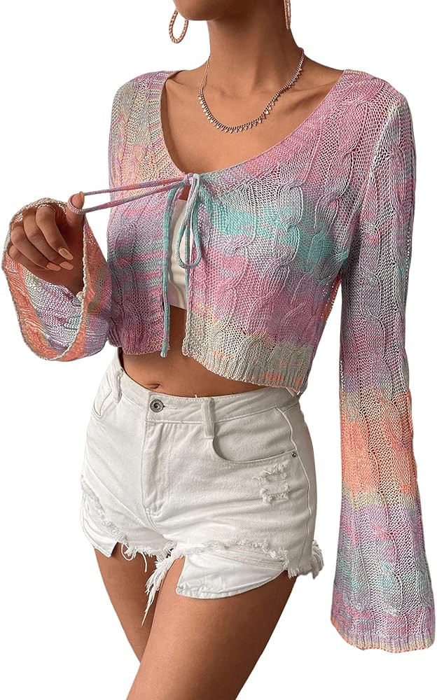 SweatyRocks Women's Casual Tie Front Long Sleeve Crop Cardigan Sweater Tie Dye Knit Top | Amazon (US)