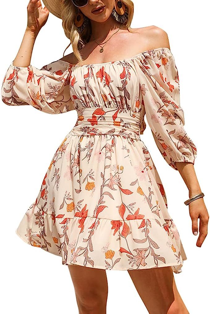 EXLURA Women's Lantern Sleeve Tie Back Summer Dress Ruffled Off Shoulder A-Line Vintage Mini Dres... | Amazon (US)