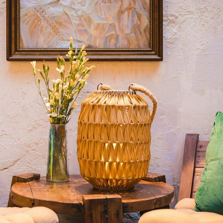 Natural Rattan Outdoor Lantern with Removable LED Candle and Burlap Jute Rope Handle Candle Hurri... | Walmart (US)