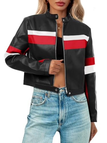 Tankaneo Womens Cropped Moto Biker Jackets Faux Leather Bomber Jacket Color Block Vintage Racing ... | Amazon (US)