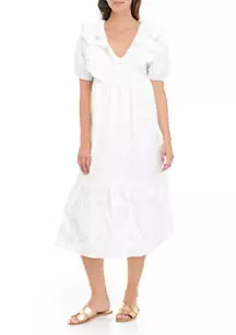 Women's Puff Sleeve Ruffled Eyelet Midi Dress | Belk