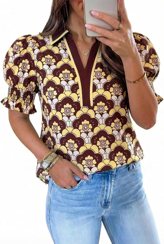 Amazon.com: Tankaneo Womens Floral Puff Sleeve Blouses Summer V Neck Collared Tops Dressy Casual ... | Amazon (US)