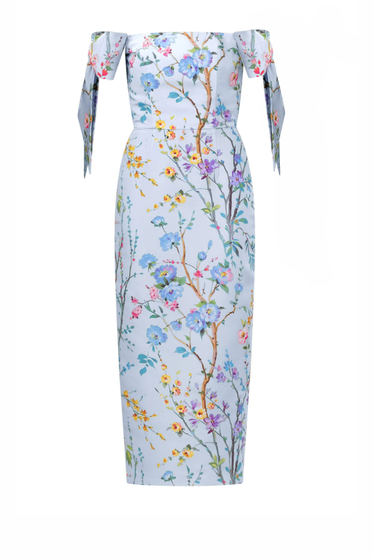 Isabella Garden Reverie Silk Faille Midi Dress in Light Blue Floral | Over The Moon