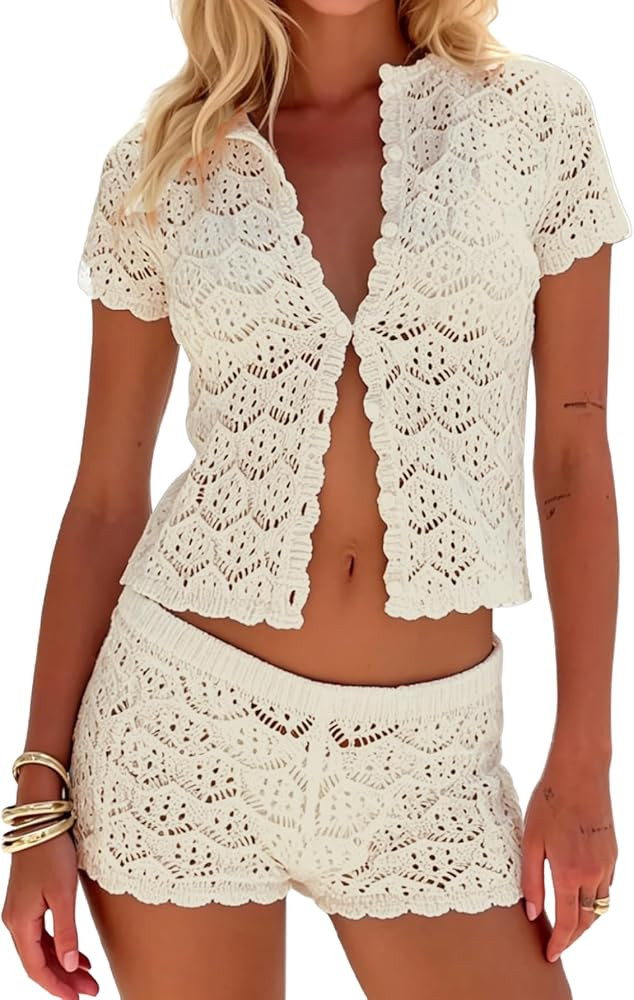MakeMeChic Women's 2 Piece Sets Crochet Beach Cover Ups Boho Tops Mini Shorts Set Vacation Outfit... | Amazon (US)